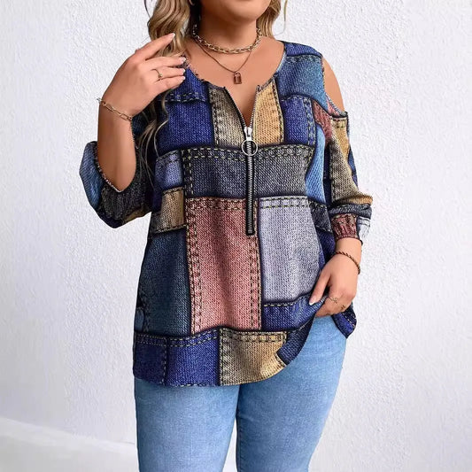 Plus Size Women's Autumn And Winter Fashion New Long Sleeve Zipper Decoration Off-The-Shoulder Printed Plaid Loose