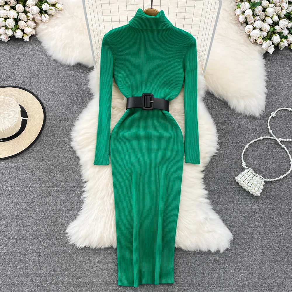REALEFT Autumn Winter 2025 New Turtleneck Women's Knitted Dresses with Belted Long Sleeve Elegant Bodycon Wrap Dress Female