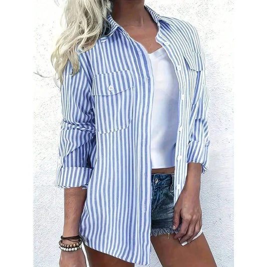 Plus Size Women's Fashionable Striped Button up Blouse Shirt Ladies Casual  Long Sleeve Shirt Tops