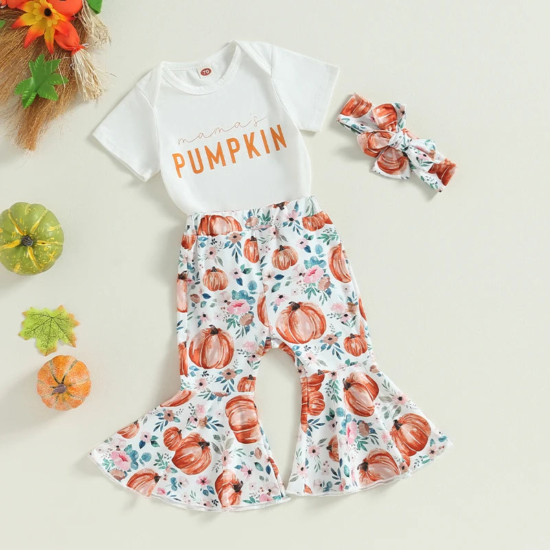 Citgeett Summer Halloween Infant Baby Girls Clothes Letter Print Short Sleeves Romper and Pumpkin Print Flare Pants Headband