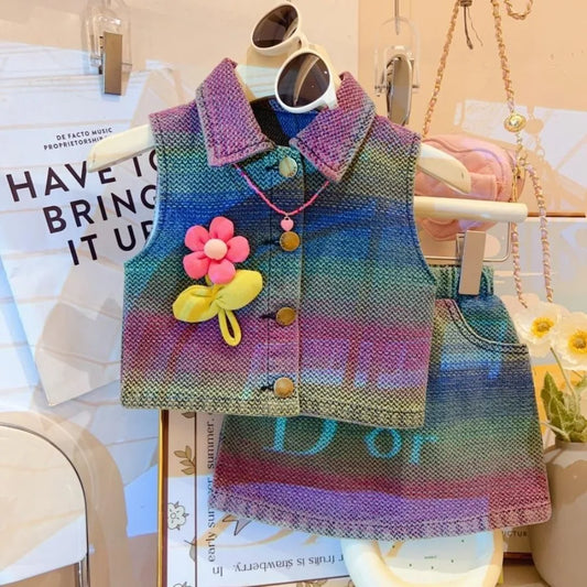 Gradient Color Girl Set with Lapel Sleeveless 3D Sunflower Decoration Single Breasted Top and Short Skirt Two-piece Denim Outfit
