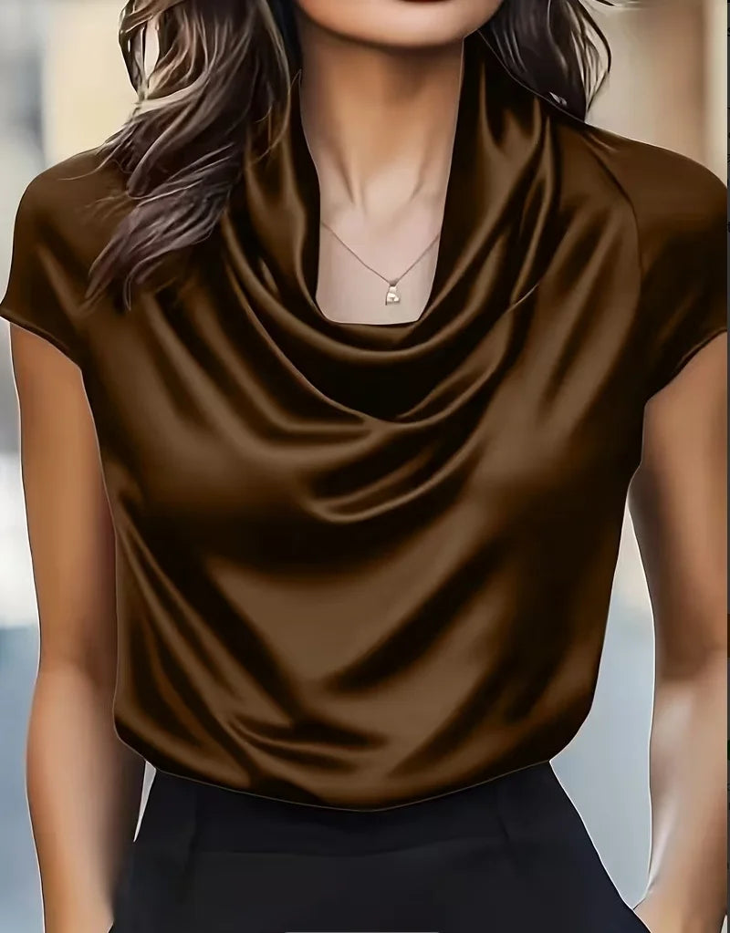 Women's Satin Cowl Neck Short Sleeve Blouse - Smooth Silk-Like Fabric Elegant Draped Neckline Top for Office & Evening Wear