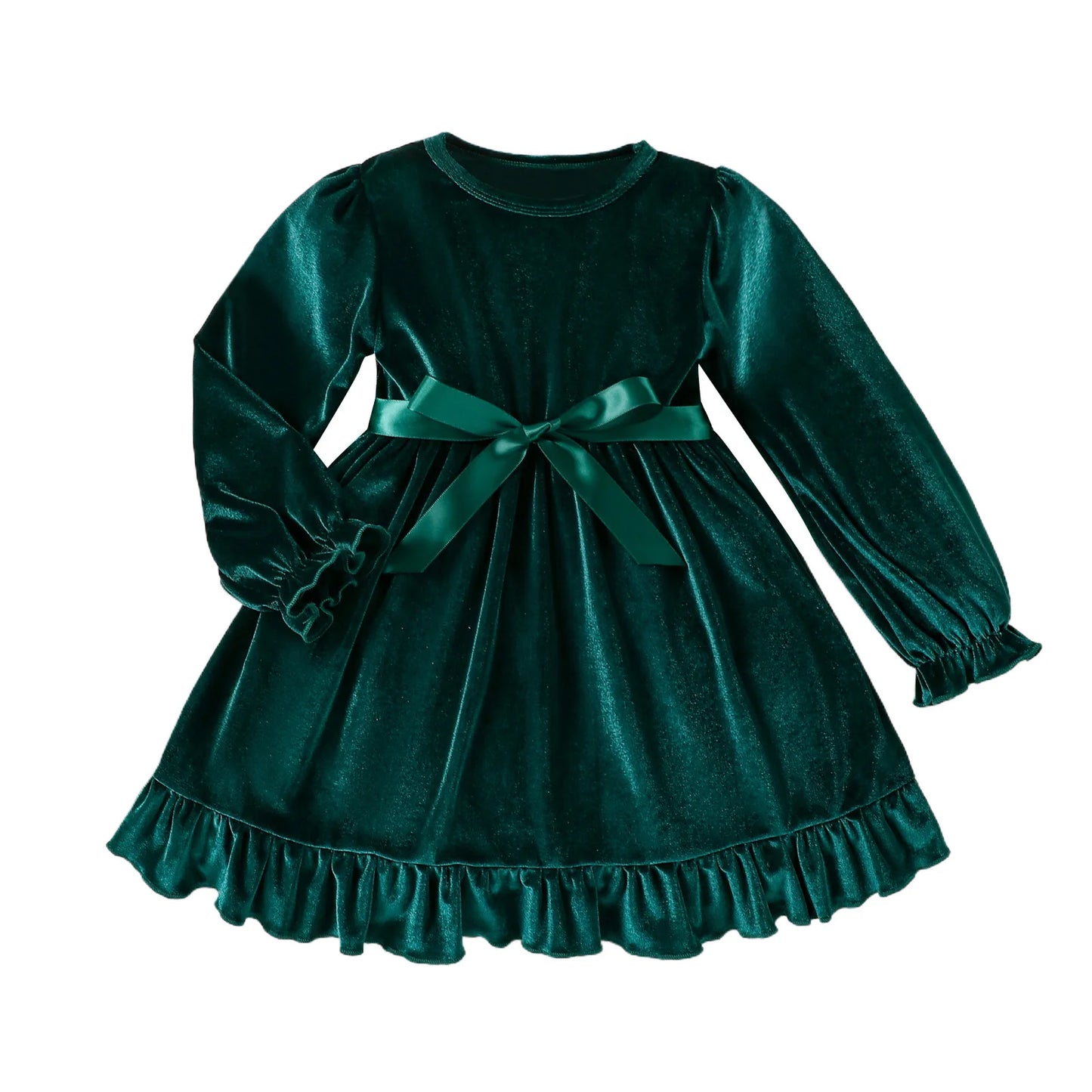 Baby Green Dresses For Girls Flared Sleeve Lace Velvet Dress With Belt 2pcs 2026 New Year Toddler Baby Eevening Party Dress