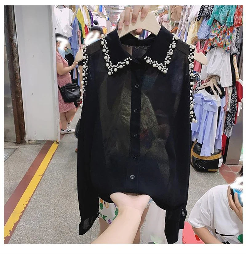 Fashion Women Clothing Thin Pearl Tops Chiffon Loose Off Shoulder Blouse 2025 Spring Summer Lapel Hollow Out Solid Sexy Shirt To