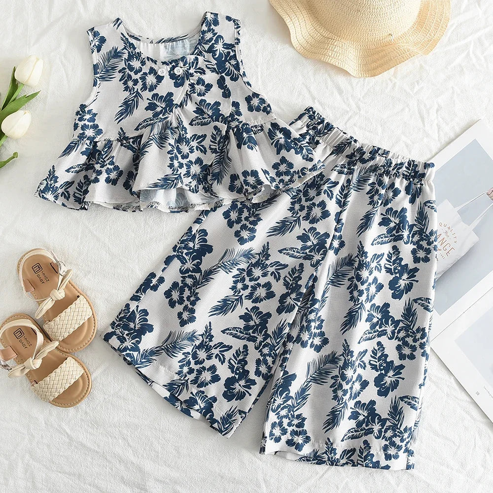 Summer New Fashionable Girl Sleeveless Printed Shirt+Wide Leg Pants Set with Retro Flower Style Two Piece Girl Clothing