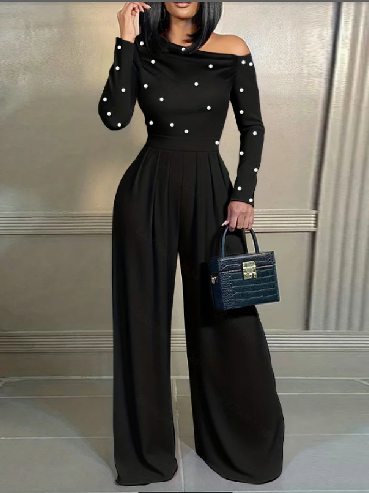 Fashionable Pure Color Off-Shoulder Pearl Long Sleeve Dress New Arrival Elegant One-Piece Suit for Women