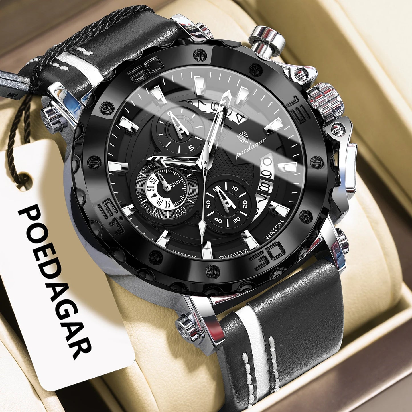 POEDAGAR High Quality Watch For Man Waterproof Luminous Date Fashion Men Clock Chronograph Leather Quartz Men's Watches Male+Box