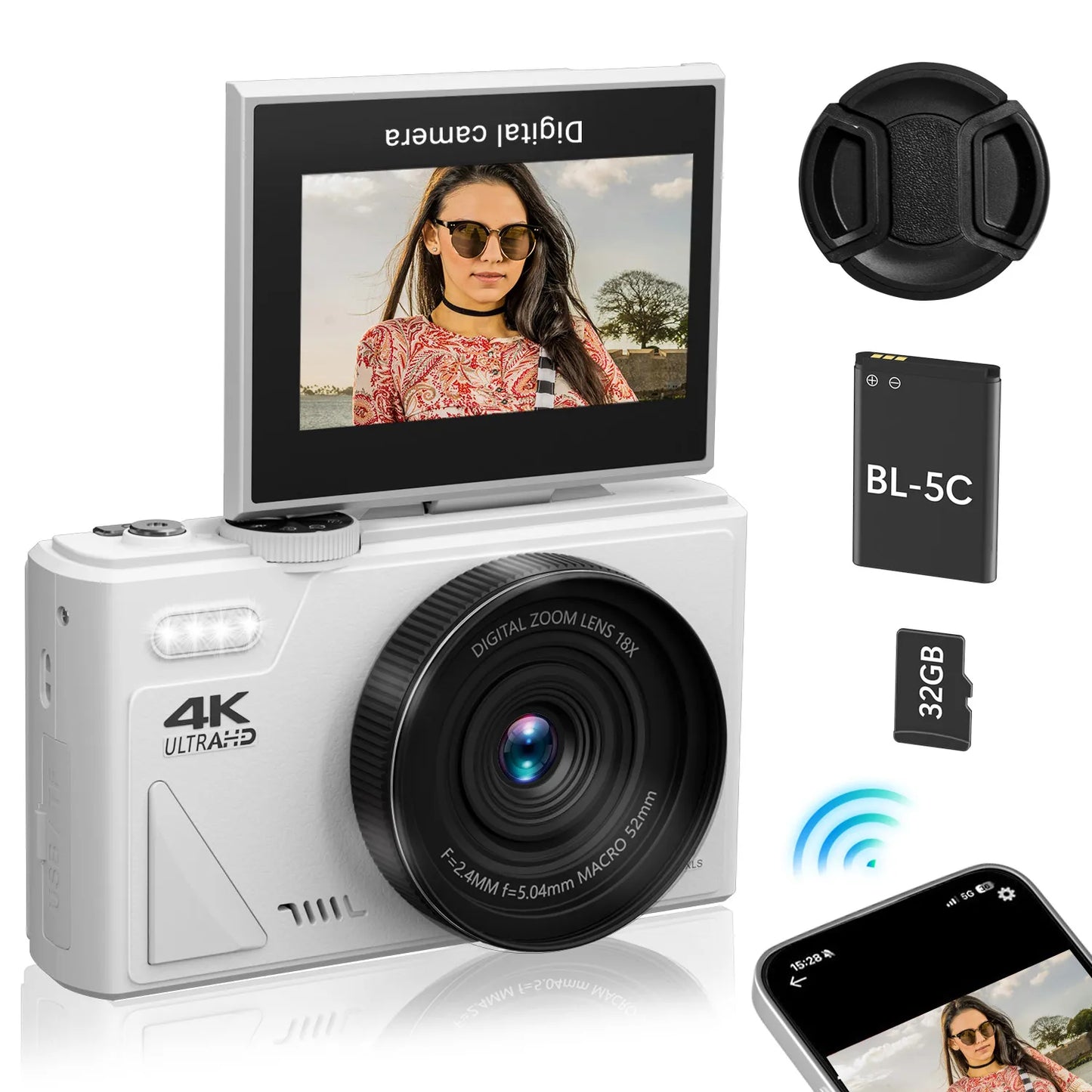Compact 4K Digital Camera 64MP 18X Zoom for Photography Vlogging YouTube 3'' Flip Screen Flash