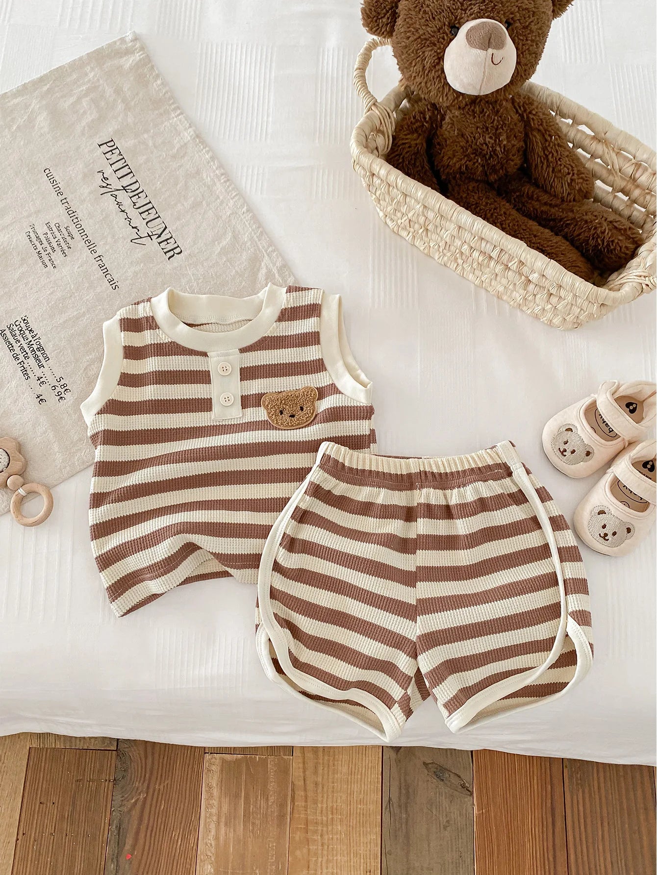 MILANCEL 2024 New Baby Clothes Set Sleeveless Tee And Shorts Boys Tracksuit Waffle Bear HeadGirls Clothing Set