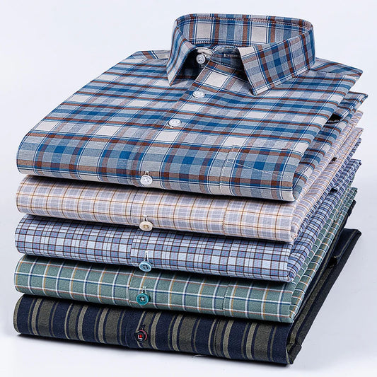plus size 14xl 100%cotton long-sleeve shirts for men slim fit formal plain shirt soft plaid striped tops office elegants clothes