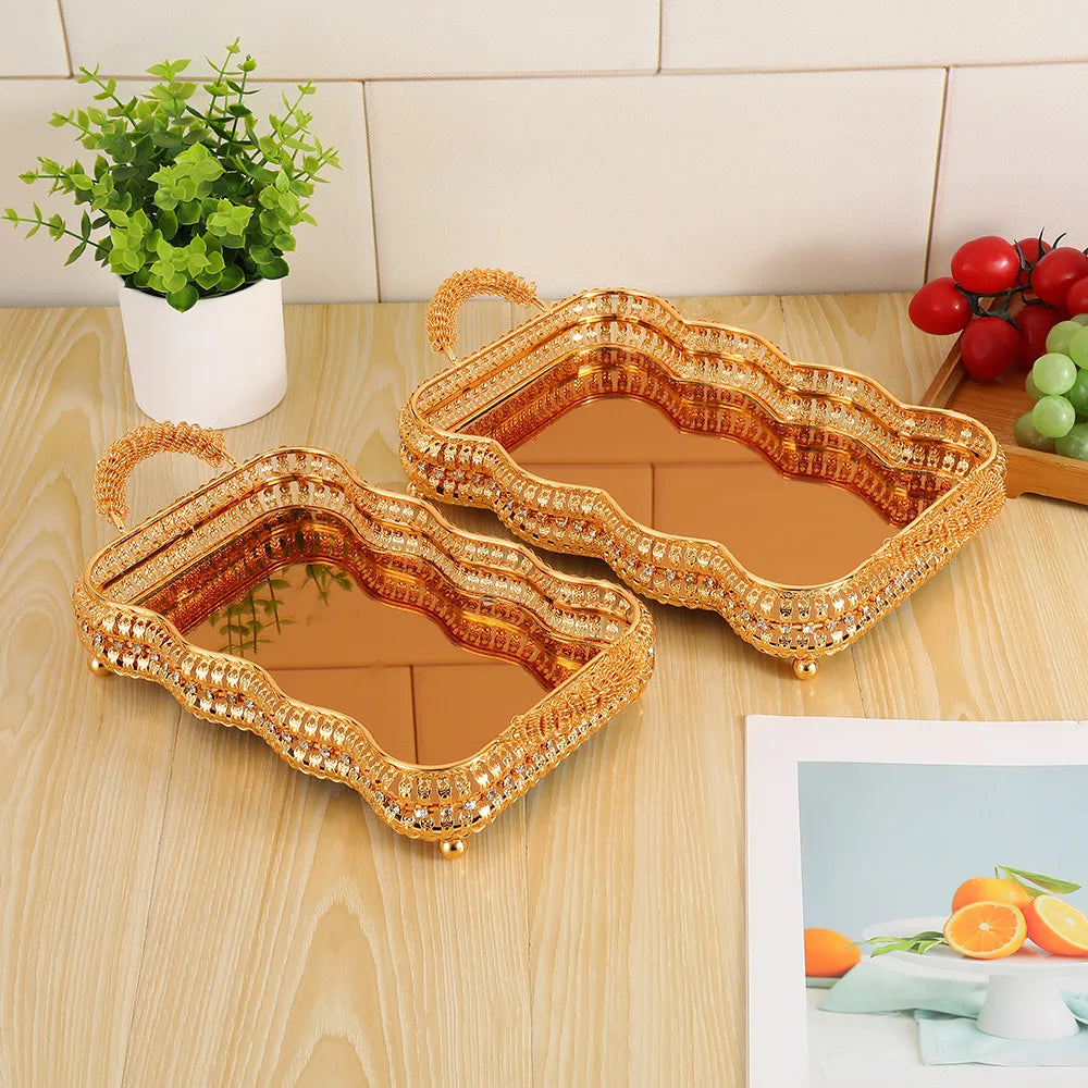 2Pcs European high-end tray gold hollow hotel household fruit plate wrought iron size set snack storage basket