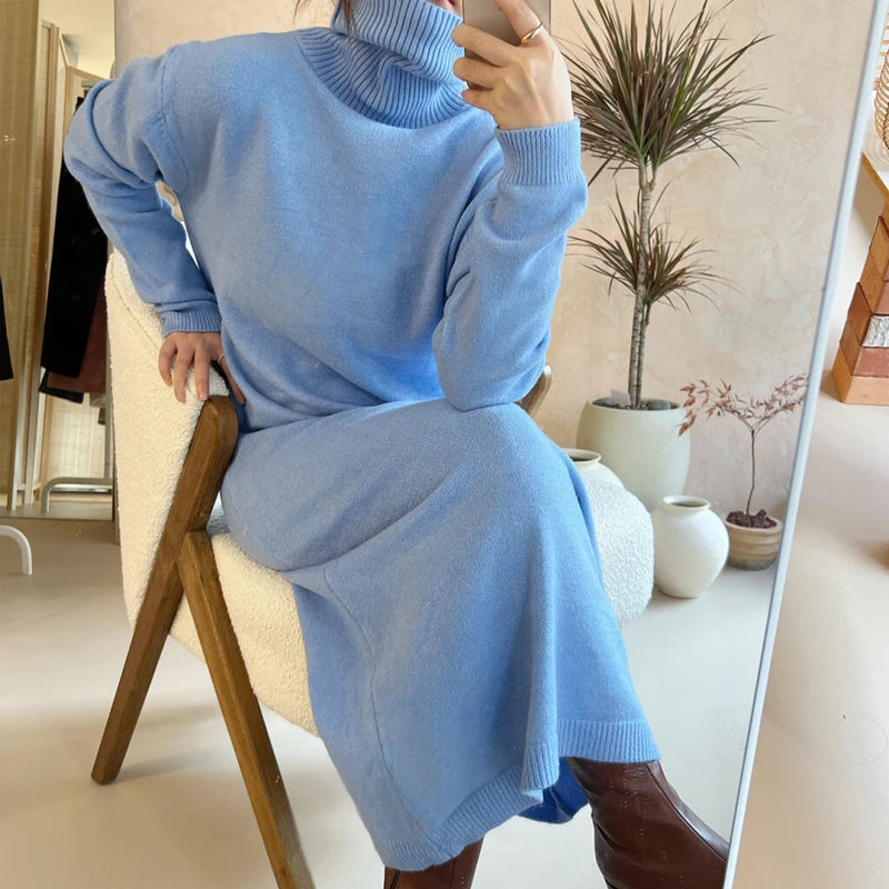 New 2025 Autumn Winter Sweater Dress Women Japanese y2k Turtleneck Long Sleeve Thicken Loose Knitted Long Dresses Hot Sale