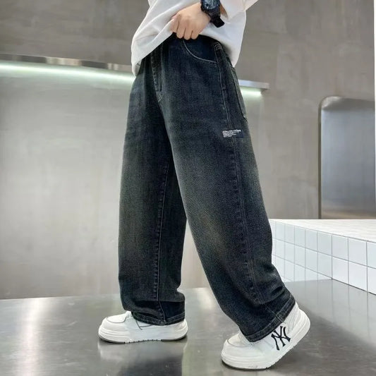 Spring Autumn Teenage Boys Denim Pants Kids Fashion Letter Jeans Pants Casual Loose Straight Trousers for 4-14 Years Old