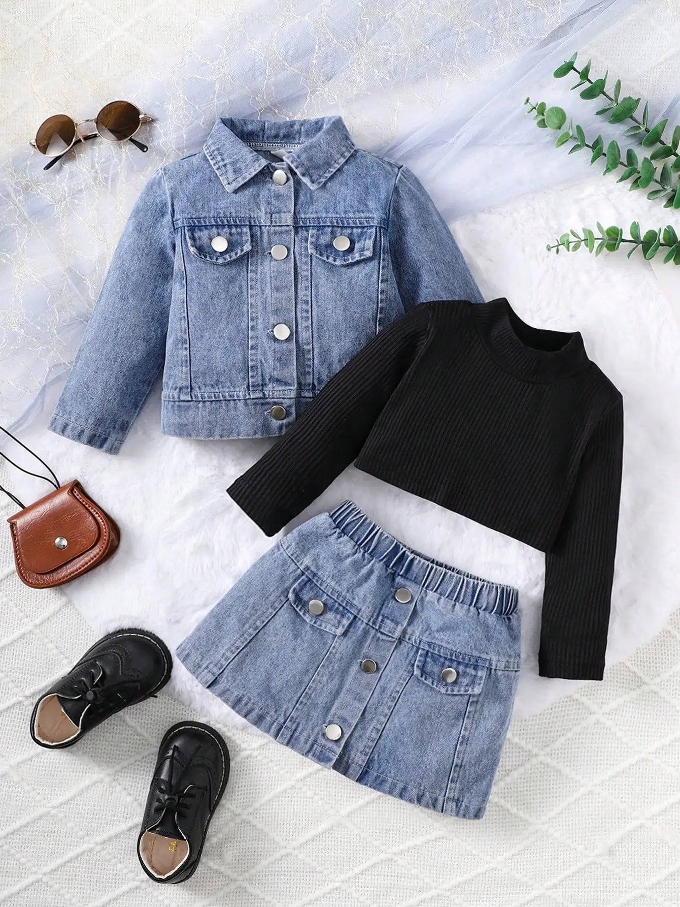 Baby Girl Autumn Trendy Three Piece Denim Jacket Black High Collar Knitted Top Denim Skirt Street Party Set