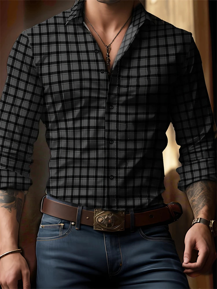 Men's New Spring And Autumn Button Down Shirt Check Print Long Sleeve Luxury Shirt Flip Lapel Oversized Outdoor Street Shot Tops