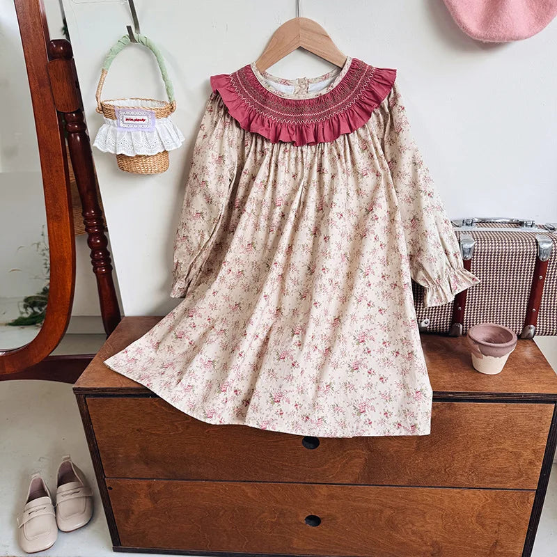Retro Girls Dress 2025 Autumn New Toddler Kids Girls Cute Print Long-sleeved Sweet Princess Dress