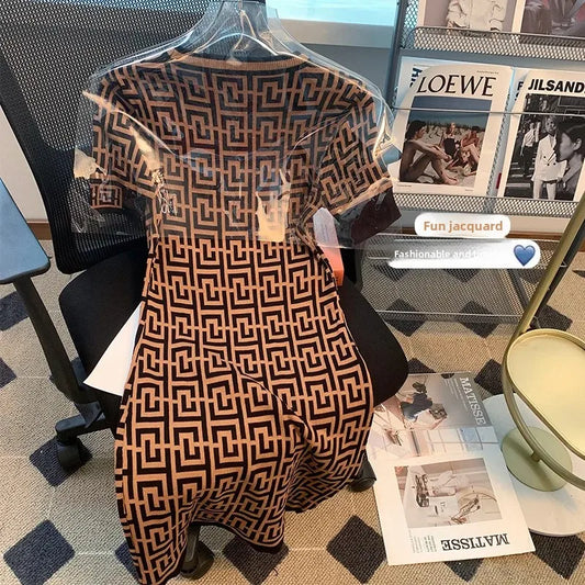 Summer Slimming Ice Silk Knitted Dress French Style Waist Cinched Short Sleeve Embroidered Knee Length Women's Fashion