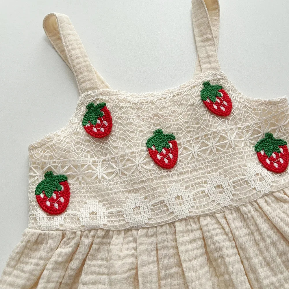 2026 Summer Sweet Style Kids Set Strawberry Pattern Camisole Top+Wide Leg Pants 2Pcs Clothes Beige Korean Girls Suit