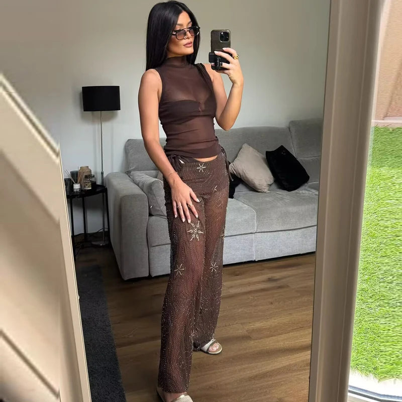 HXAO Tulle Women's Two Pieces Set Baggy Sequin Pants Sets Strapless Crop Top Beaded Long Pants 2 Piece Sets Semi Sheer Trousers