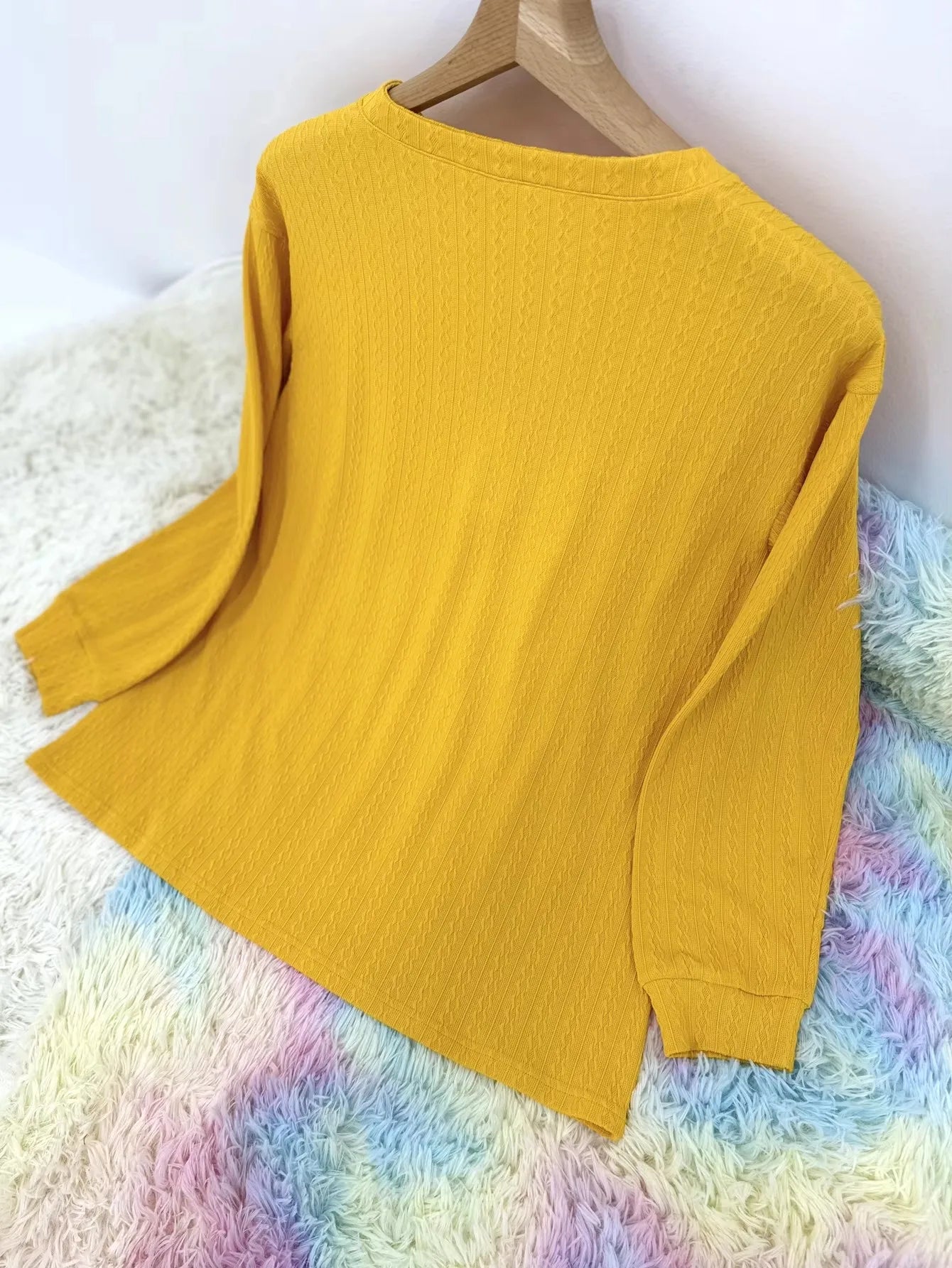 Plus size casual top  women's wide solid color chunky knit long sleeve button detail V-neck slightly elastic elegant top shirt