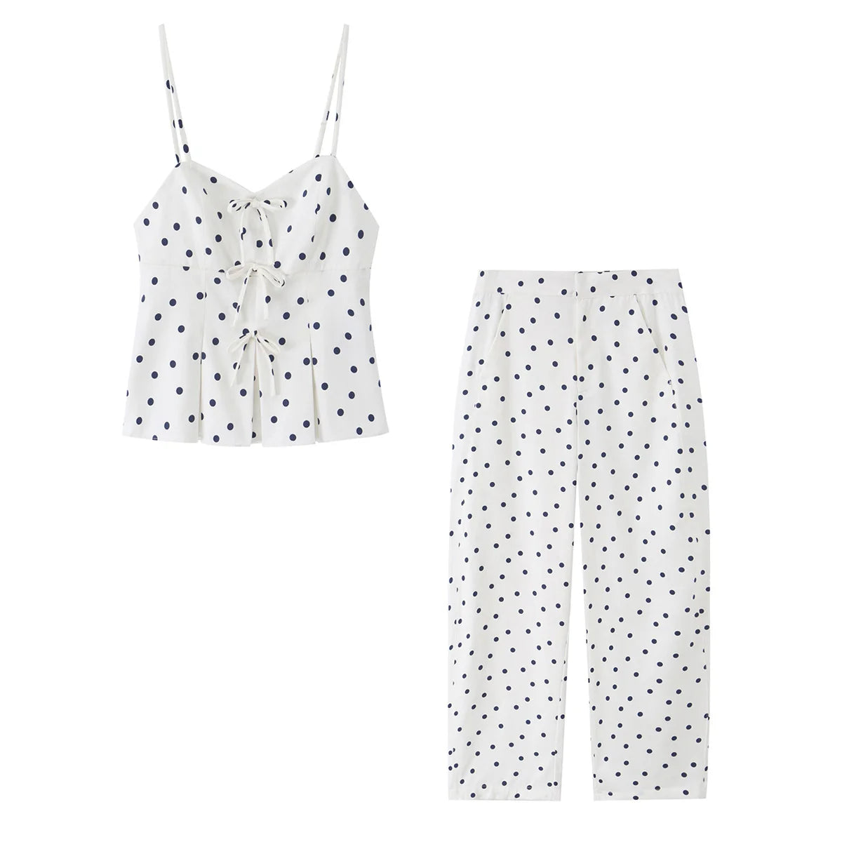 HH Elegant Women's Summer Polka Dot Cami Pant Set 2026 Sweet Skirt Style Hem Bow-Front Top+Bucket Trousers Female Casual Suit