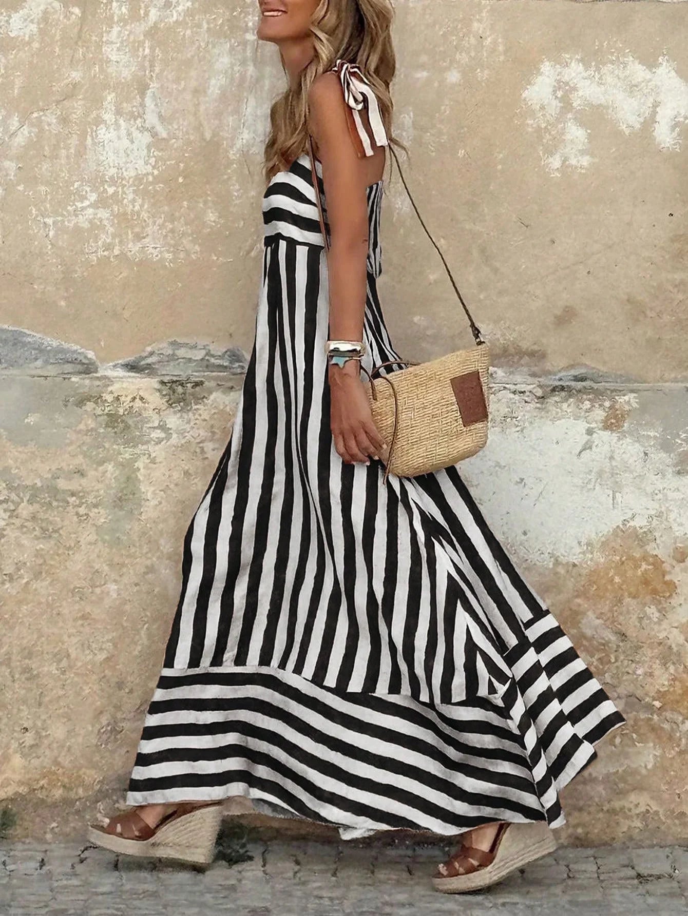 Women's Bohemian Striped Sleeveless Maxi Dress Shoulder Tie Detail Ideal for Summer Casual Outings Beach Walks