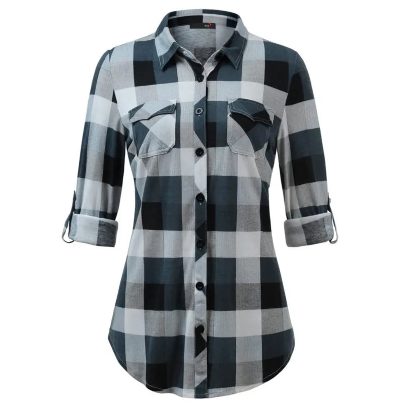 Women's  fashion Casual Plaid Button-Down Shirt