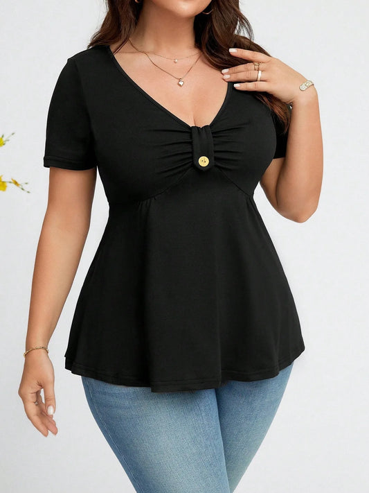 Summer new plus size women's casual solid color chest buckle waist cinched V-neck short sleeved T-shirt