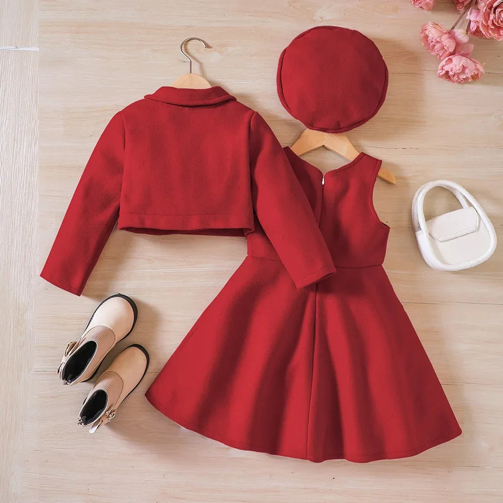 Autumn/Winter Bow Red Coat and Hat Dress Three Piece Set Christmas Girl Clothing New Year Party Children's Clothing 2-6 Years