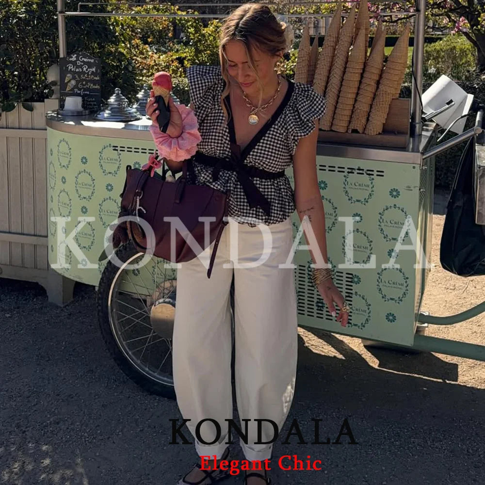KONDALA Women Trendy Vacation Balloon Plaid Tops Bow Tie Top New 2026 Spring Summer Fashion Vintage Party Date Casual Lady Top