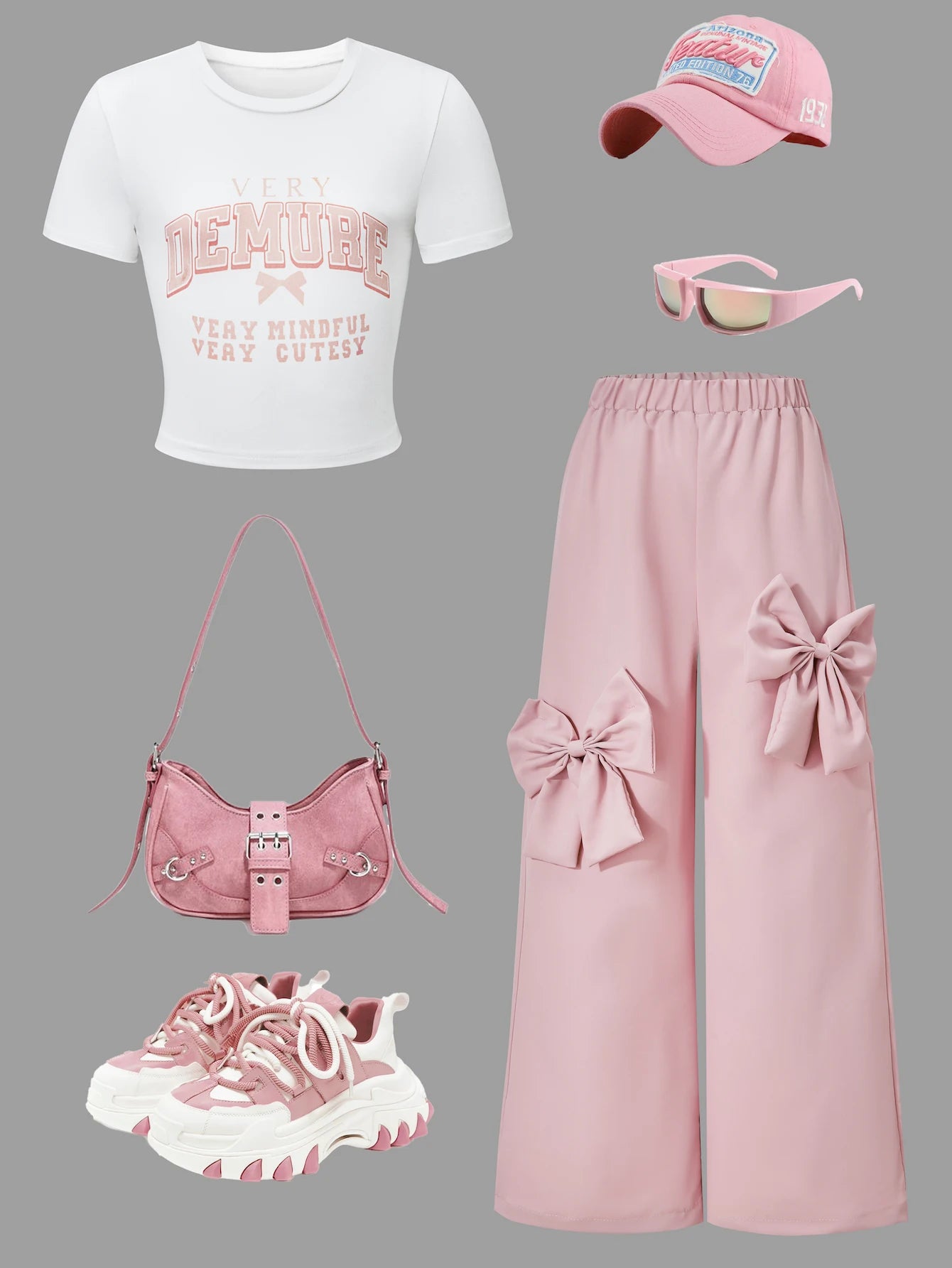 Fashionable girl's two-piece casual outfit; girls' short-sleeved top with bow tie and wide-leg trousers; straight trousers
