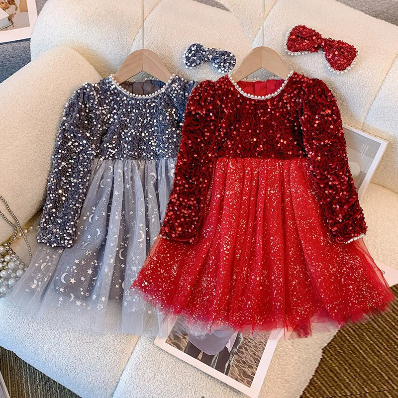Girls Sequins Dress Spring Autumn Princess Gown Children Wedding Birthday Party Tulle Vestidos New Kids Fashion Clothing 3-8Y