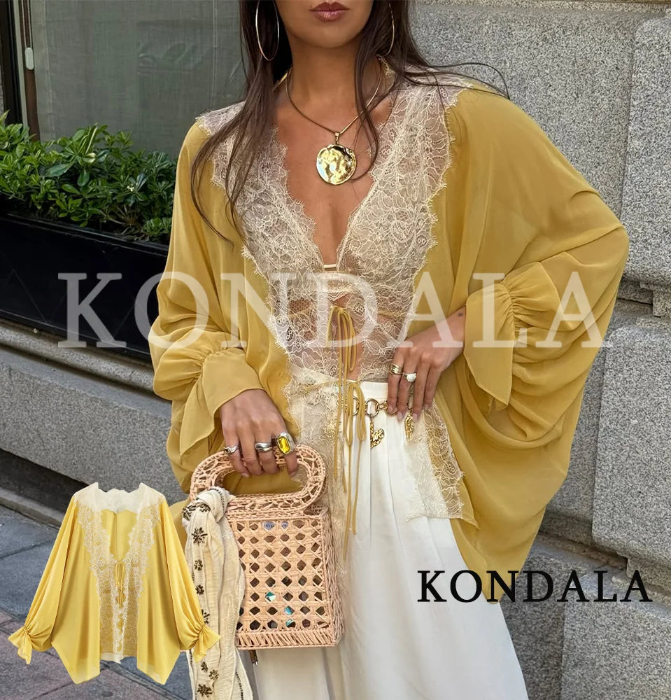 KONDALA Women Trendy Patchwork Lace See-Through Shirts V-Neck Lace-up Blouse New Fashion 2026 Spring Summer Elegant Lady Shirts