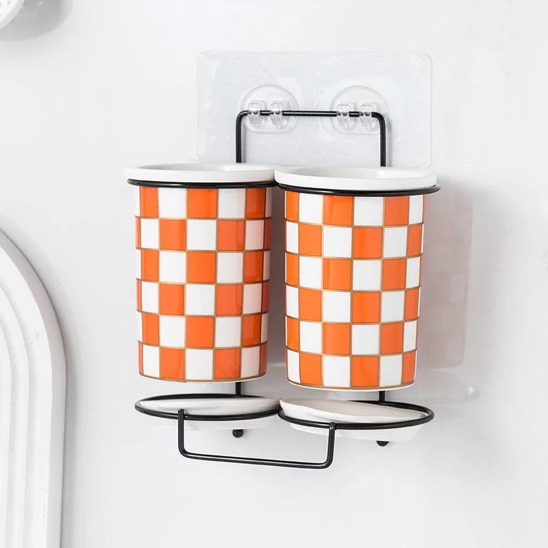 Checkerboard Ceramic Chopsticks Holder Drain Rack Chopsticks Basket Chopsticks Box Cutlery Box Storage Rack Wall-mounted Shelf