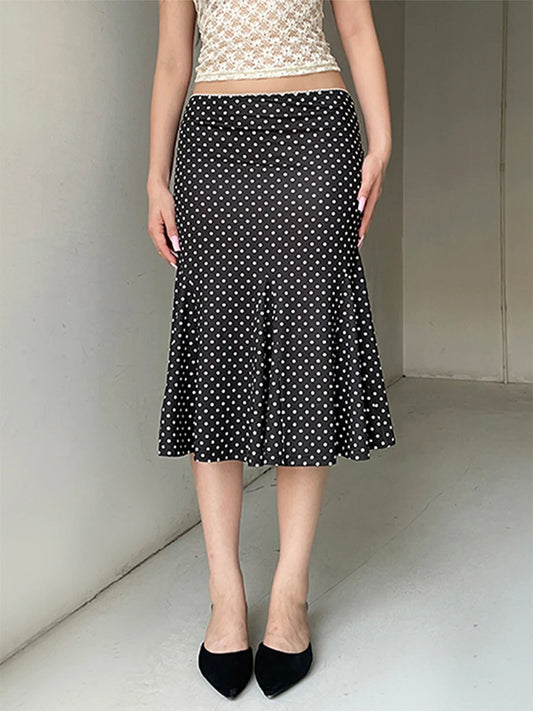 Women's Midi Skirts Dot Print Low Waist Skirts Spring Summer Casual Skirts 2025 Fashion Casual Elegant Clothes