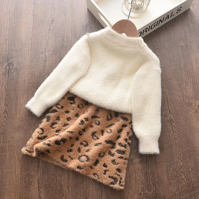 Bear Leader 2024 Spring and Autumn New Girl Sweater Set Princess Dress Cartoon Sweater+A-line Skirt 2-piece Set