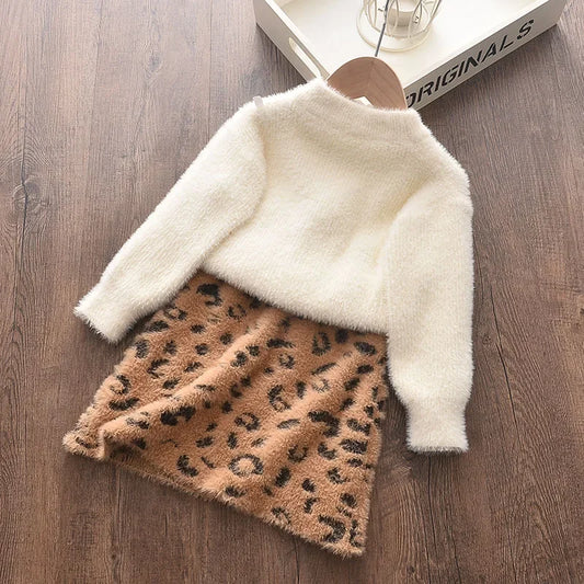 Bear Leader 2024 Spring and Autumn New Girl Sweater Set Princess Dress Cartoon Sweater+A-line Skirt 2-piece Set