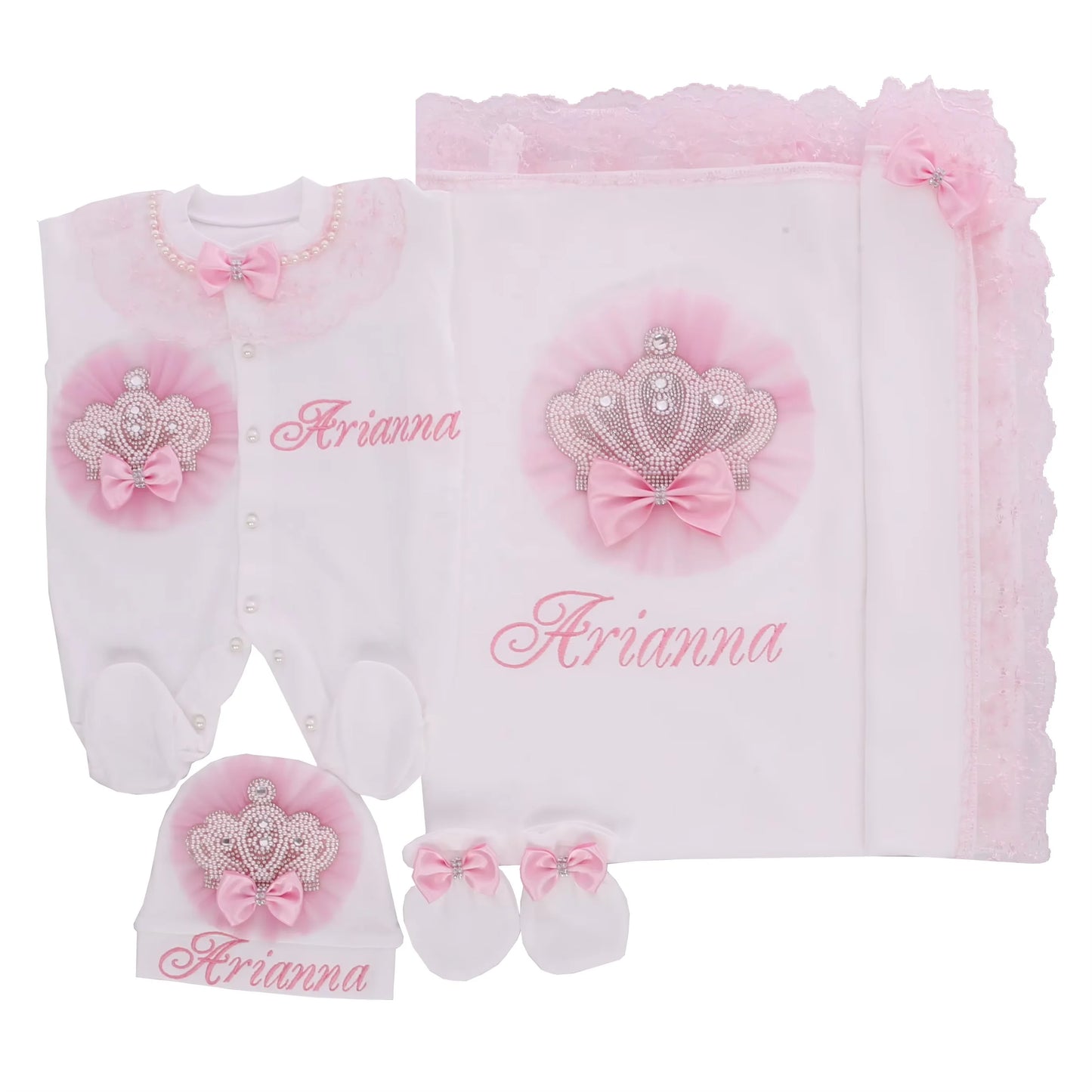 Dollbling Hospital Exit 5pcs Embroidery Name Newborn Angle Wings Romper Blanket  Nursery Bedding Swaddle Handmade Infant Outfit