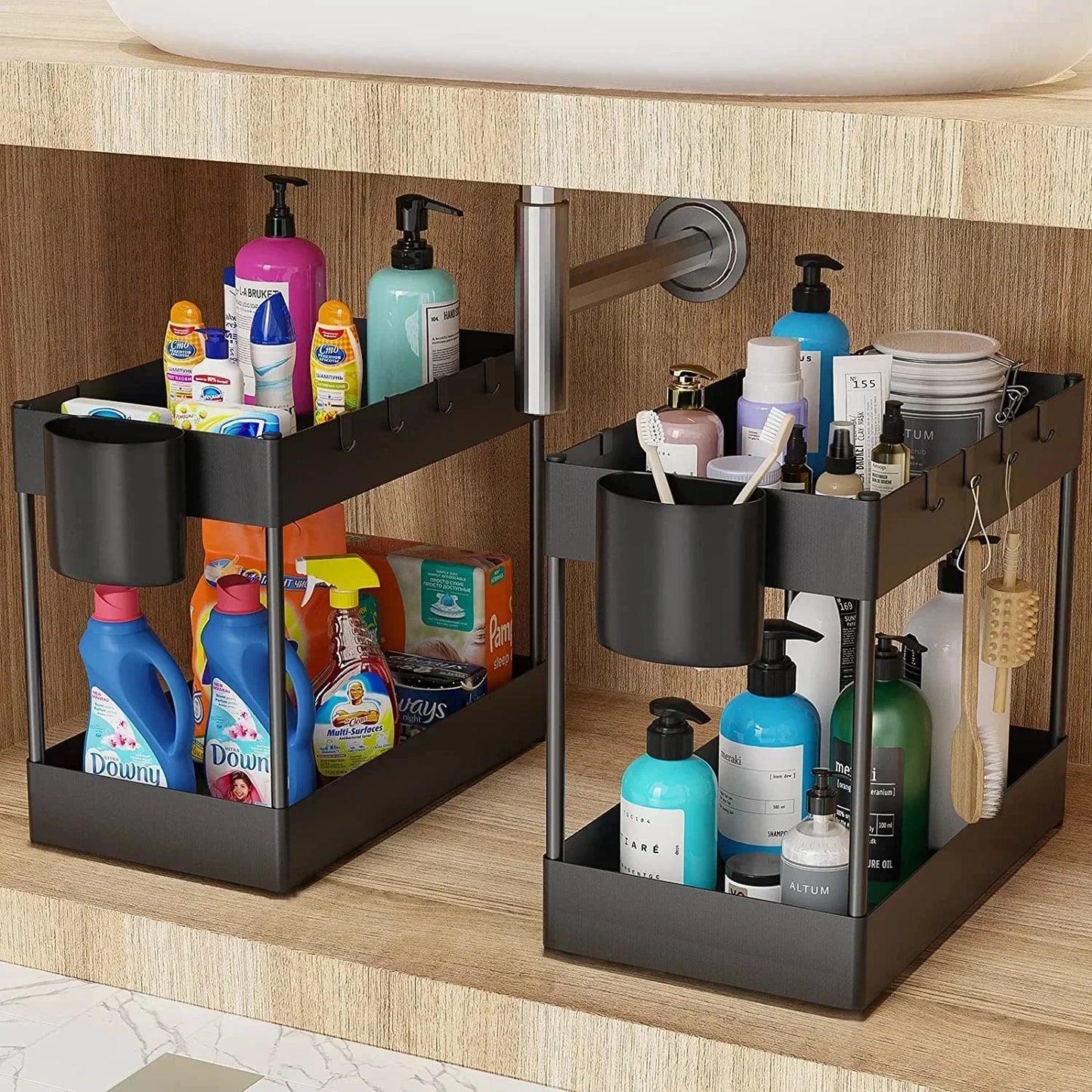 2 Tier Under Sink Sliding Cabinet Basket Organizer Storage Rack with Hooks Hanging Cup Bathroom Multifunctional Storage Rack