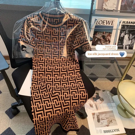 Summer Slimming Ice Silk Knitted Dress French Style Waist Cinched Short Sleeve Embroidered Knee Length Women's Fashion