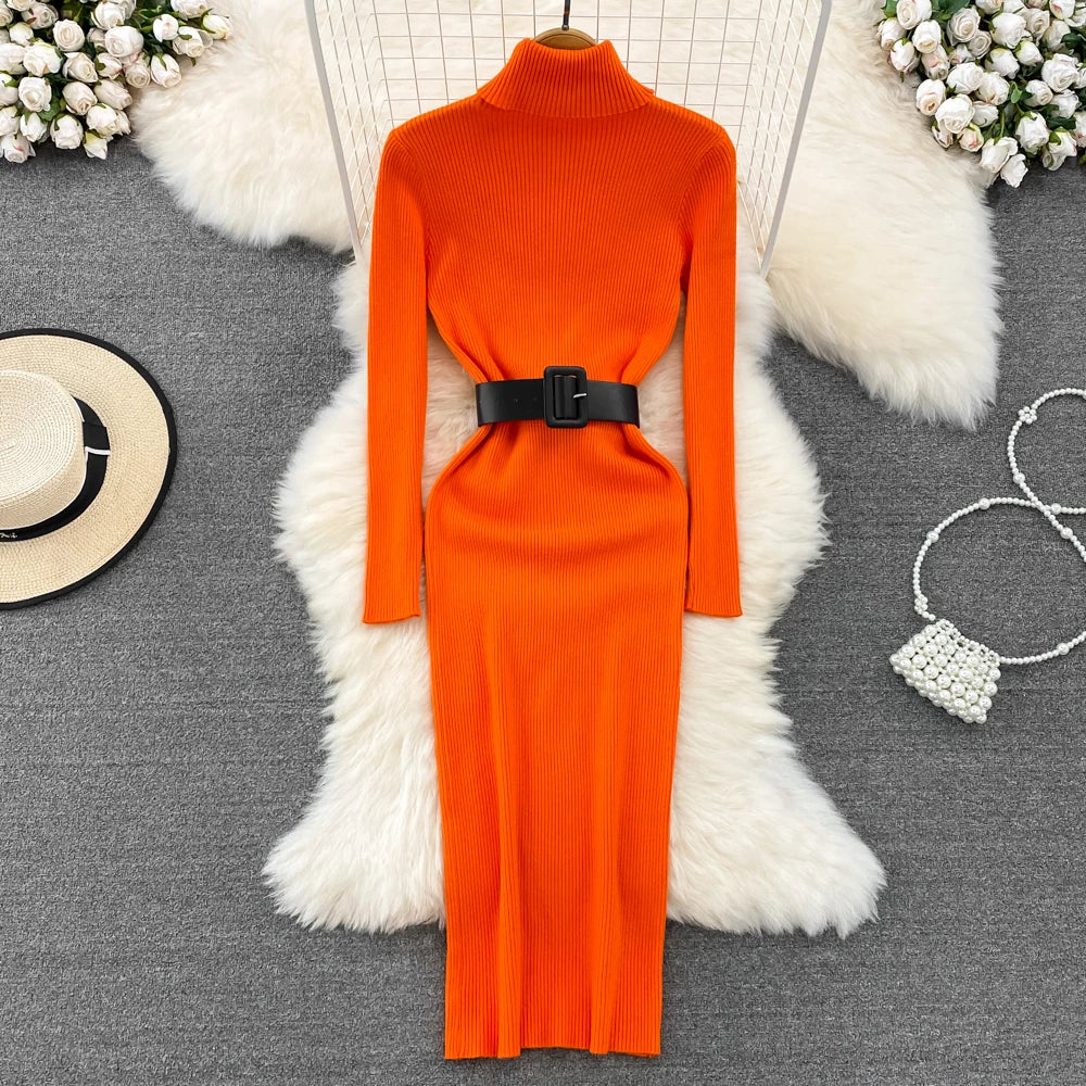 REALEFT Autumn Winter 2025 New Turtleneck Women's Knitted Dresses with Belted Long Sleeve Elegant Bodycon Wrap Dress Female