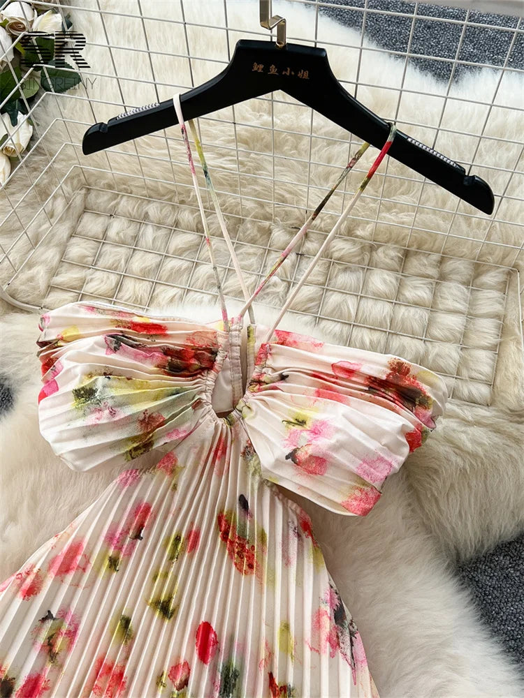 SINGREINY Floral Print Pleated Long Dress Strapless Halter Backless Hollow Out Women Gentle Vacation Beach Party A Line Sundress