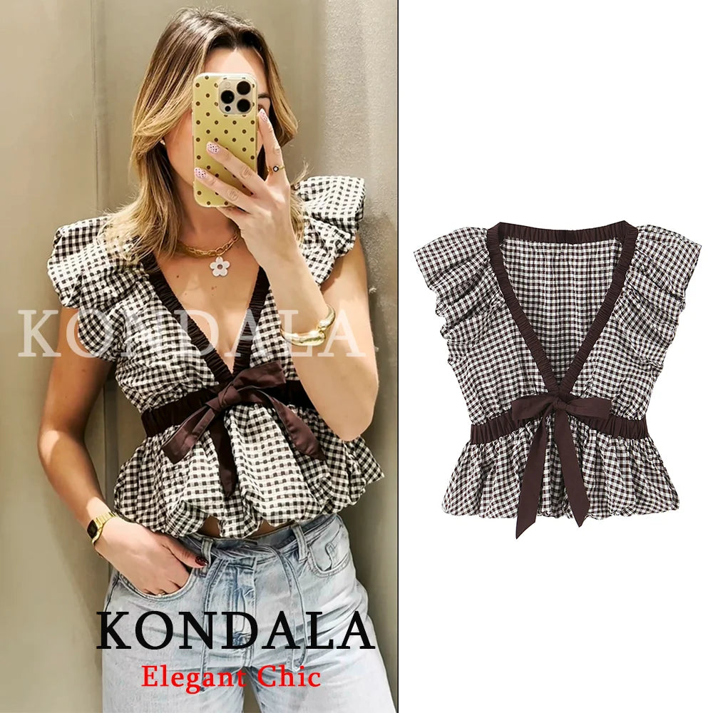 KONDALA Women Trendy Vacation Balloon Plaid Tops Bow Tie Top New 2026 Spring Summer Fashion Vintage Party Date Casual Lady Top