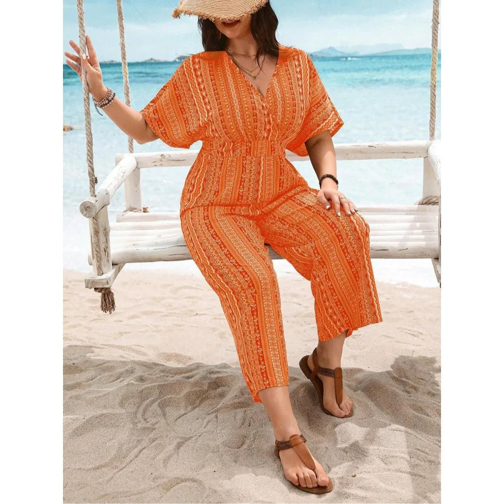 Plus Size 1XL-5XL Fashion Women's New Casual Print Short Sleeve Jumpsuit