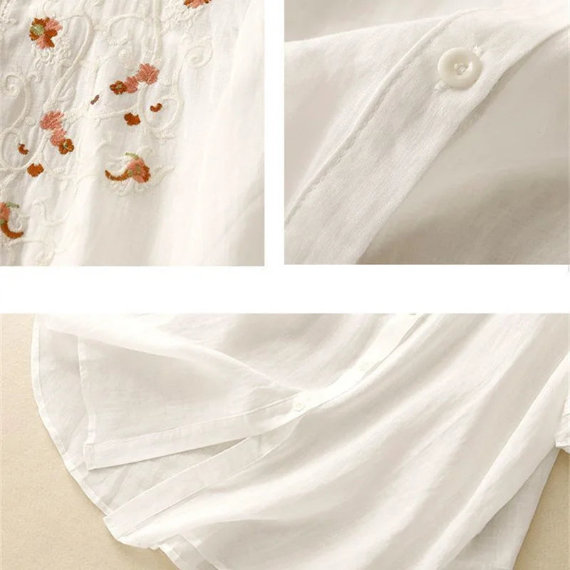 2025 New Literary Floral Embroidery Women O Neck Cotton Linen Long Shirts Loose Summer Blouses Sum Protection Female Casual Tops