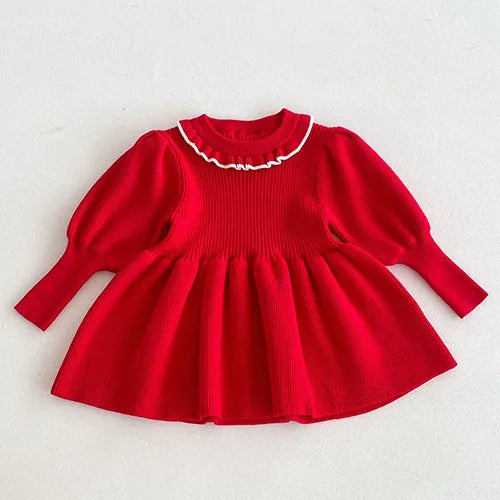 2024 New Autumn 1-6Yrs Baby Girls Long Sleeved Solid Color Knitting Dress Kids Princess Dresses Children Knitted Clothes