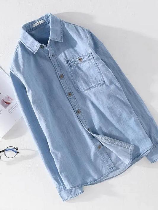 Retro Waed Denim irt Men's Long Sve Loose Casual Pure Cotton irt Trendy Spring Wearable Artistic Sle Stand Fit