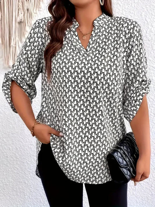 Plus Size 1XL-5XL Notch Neck Blouse Women's All Over Print Blouse For Spring & Fall Women's Plus Size Casual 3/4 Sleeve Clothing