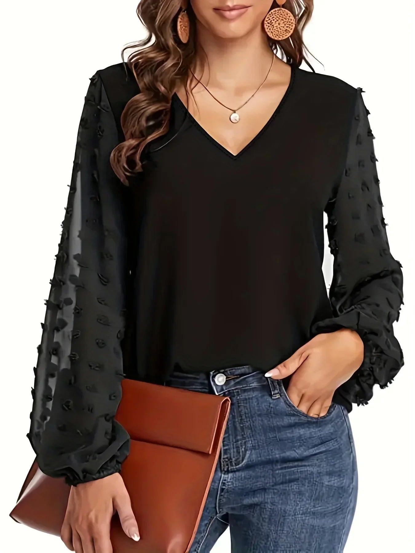 Women's Plus Size 1XL-5XL Swiss Dot Sleeve Shirt Ladies Casual V Neck Solid Shirt For Spring & Fall Women's Clothing Fashion