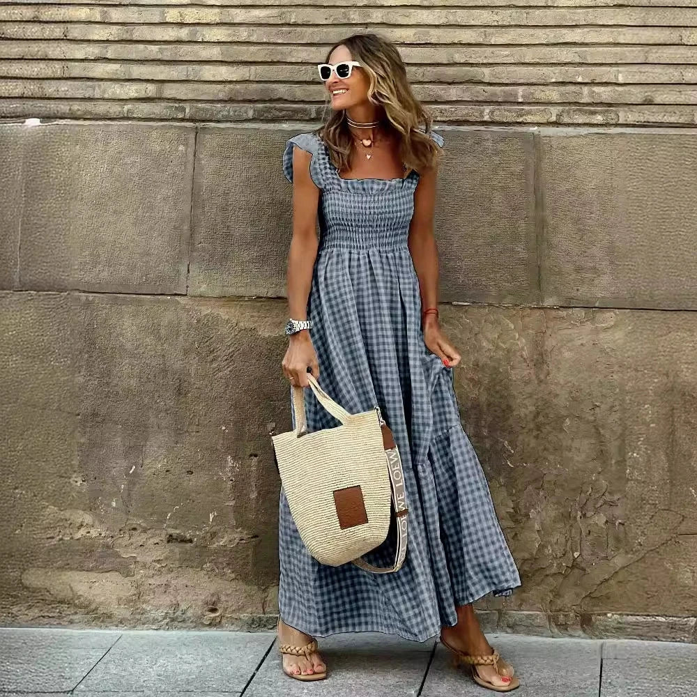 2026 Summer European and American Women’s Retro Plaid Sleeveless Ruched Dress with Thin Straps and Ruffle Long Dress